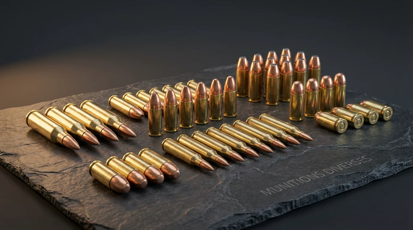 Assortiment de cartouches de différents calibres pour armes de poing et carabines