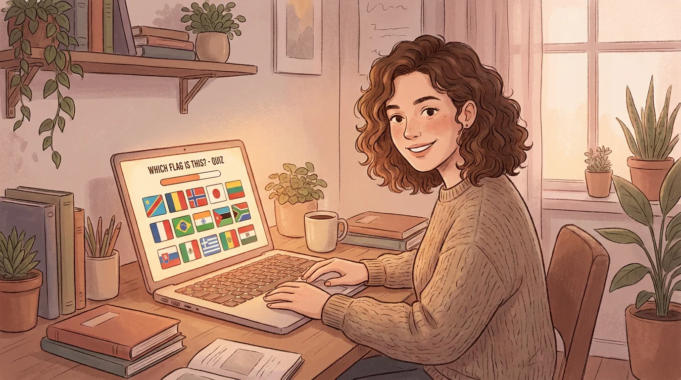 Person enjoying a flag quiz game on their laptop at home