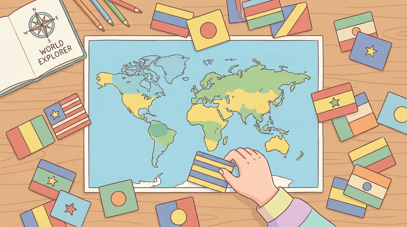 Colorful world flag cards scattered around a map for a geography quiz