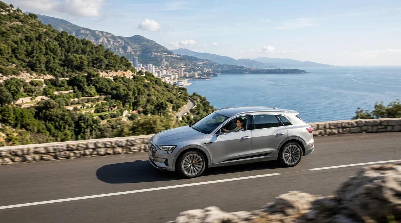 Electric SUV driving the coastal road from Nice Airport toward Monaco