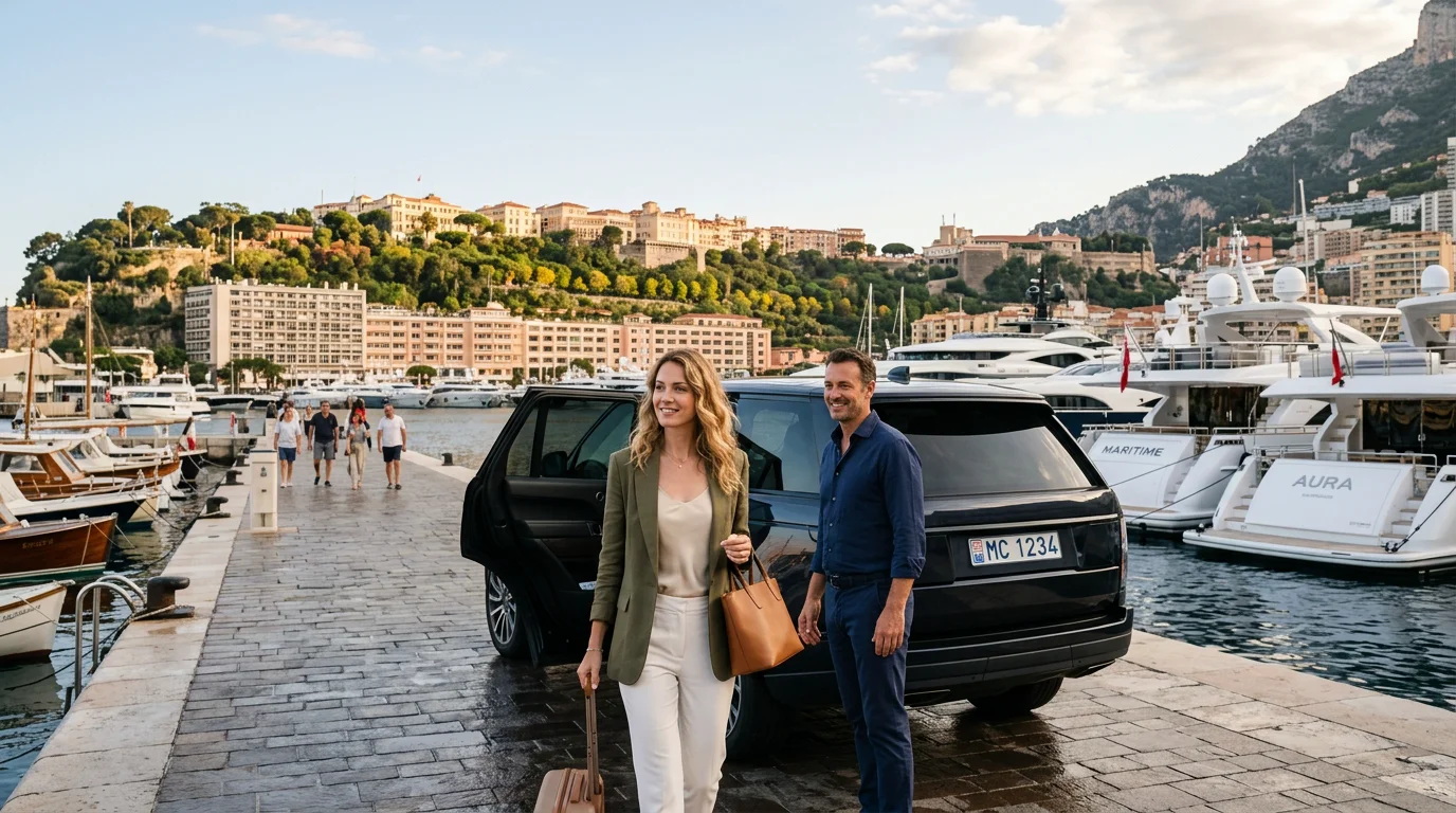 Traveler arriving at Monaco harbor after a transfer from Nice Airport