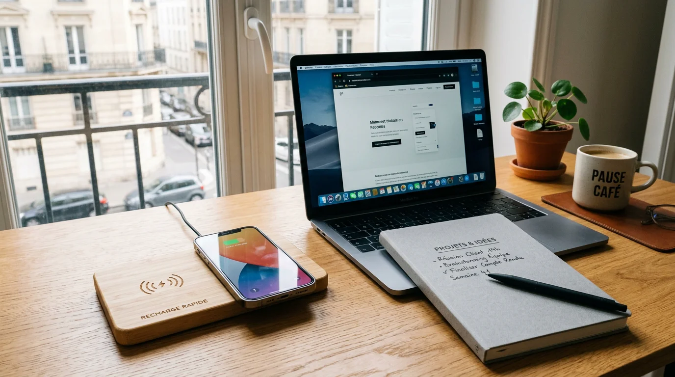 Chargeur à induction en bambou rechargeant un smartphone sur un bureau lumineux