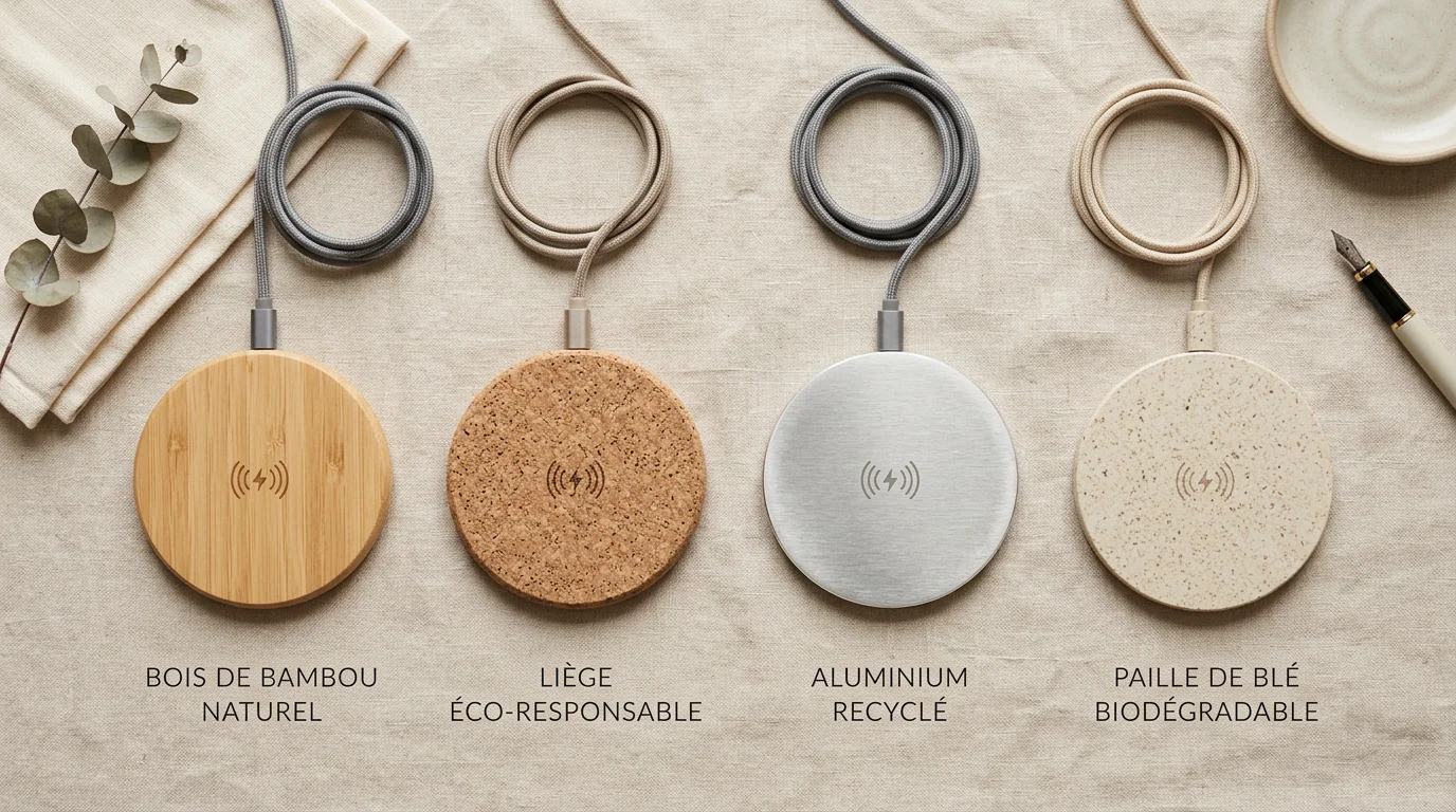 Plusieurs chargeurs à induction en matériaux naturels et recyclés vus de dessus