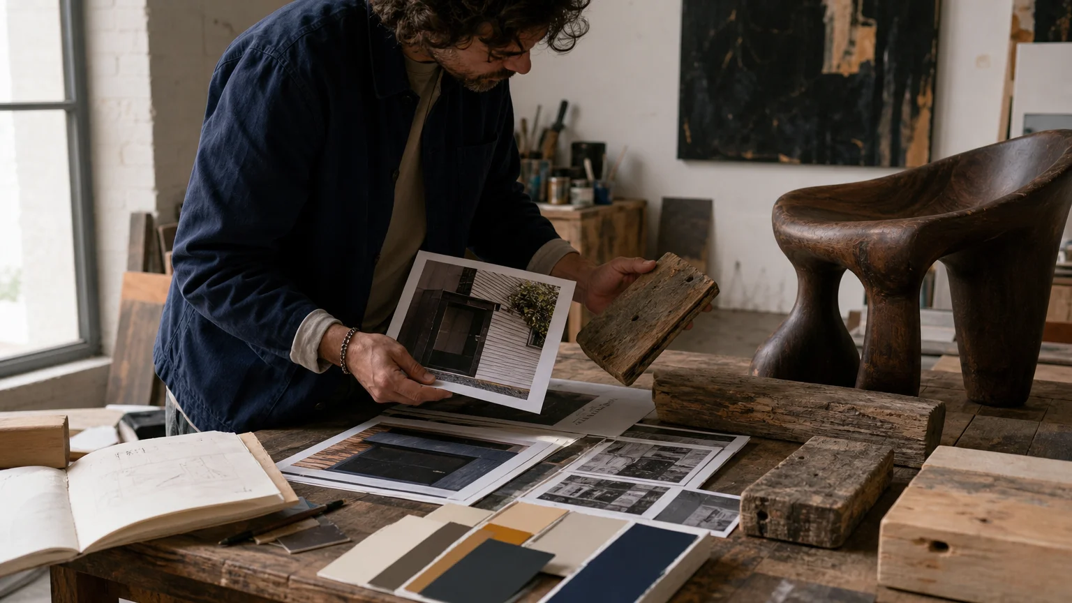 Artist arranging architectural photographs and sculptural furniture in a daylight studio