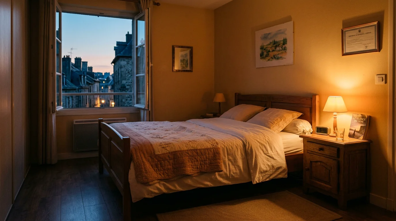 Chambre à coucher européenne au crépuscule, contexte d'inspection contre les punaises de lit