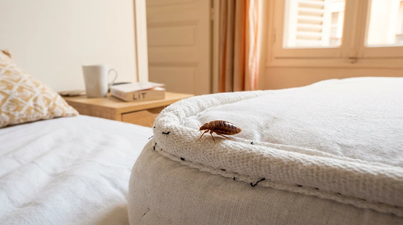 Gros plan d'une punaise de lit adulte sur la couture d'un matelas
