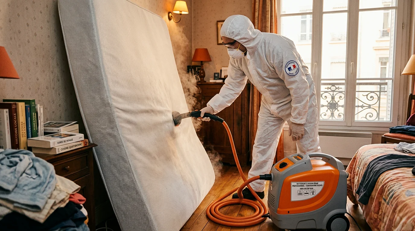 Technicien traitant un matelas à la vapeur sèche contre les punaises de lit