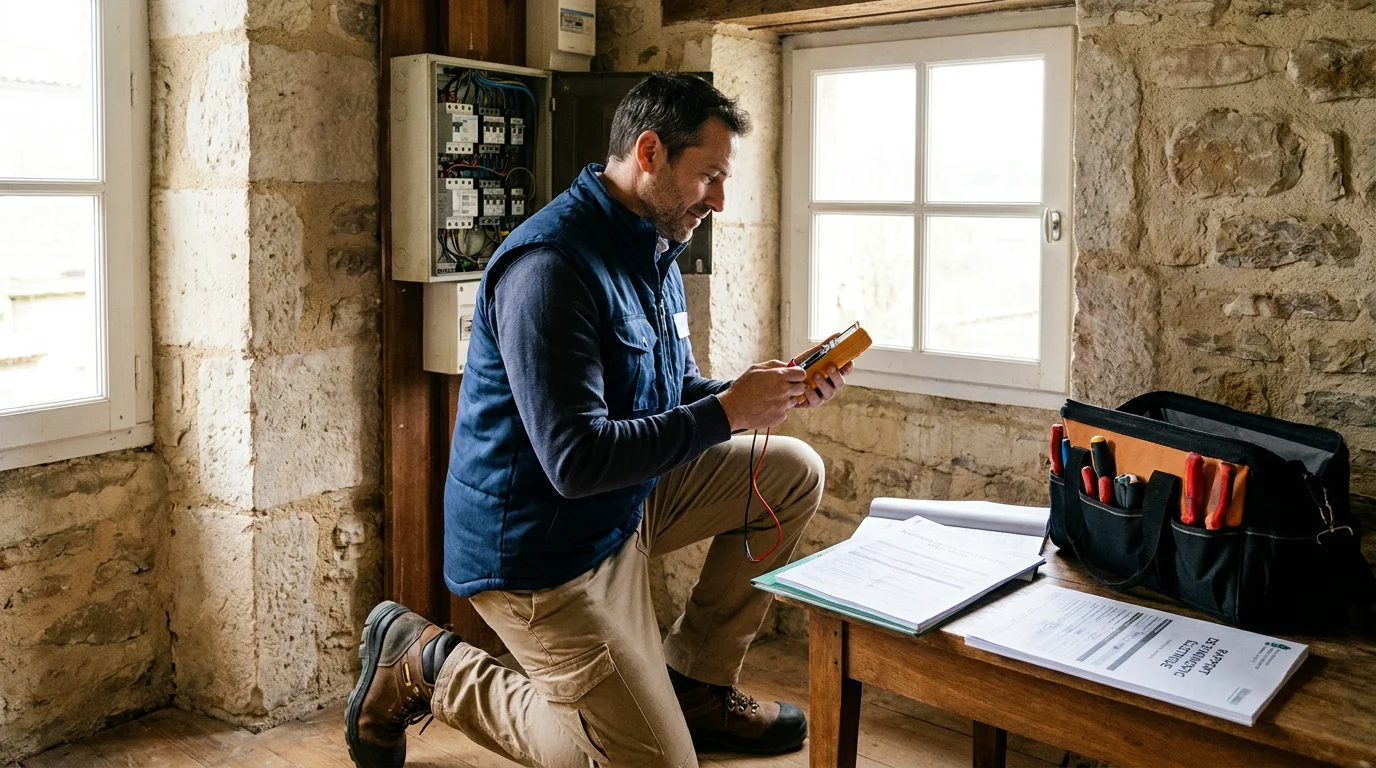 Diagnostiqueur immobilier certifié inspectant une installation électrique dans une maison avant vente