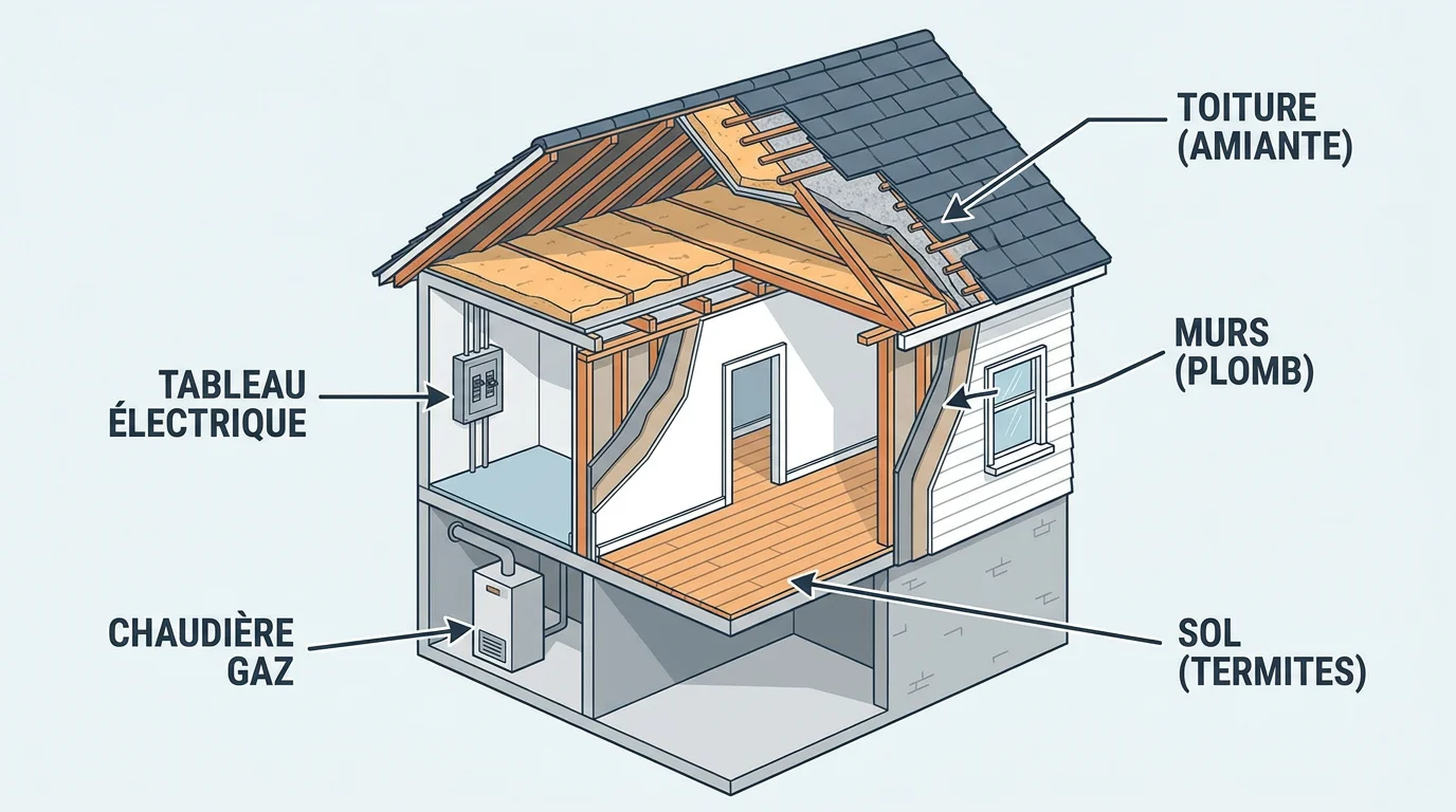 Schéma d'une maison en coupe illustrant les zones inspectées par les diagnostics immobiliers obligatoires