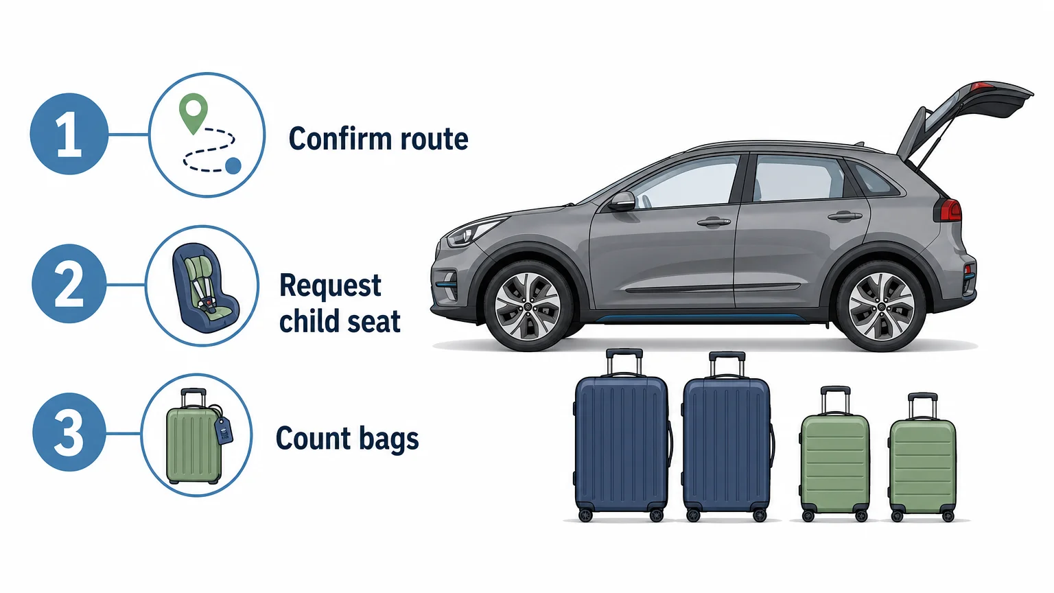 A booking checklist beside a gray electric Kia e-Niro and four suitcases