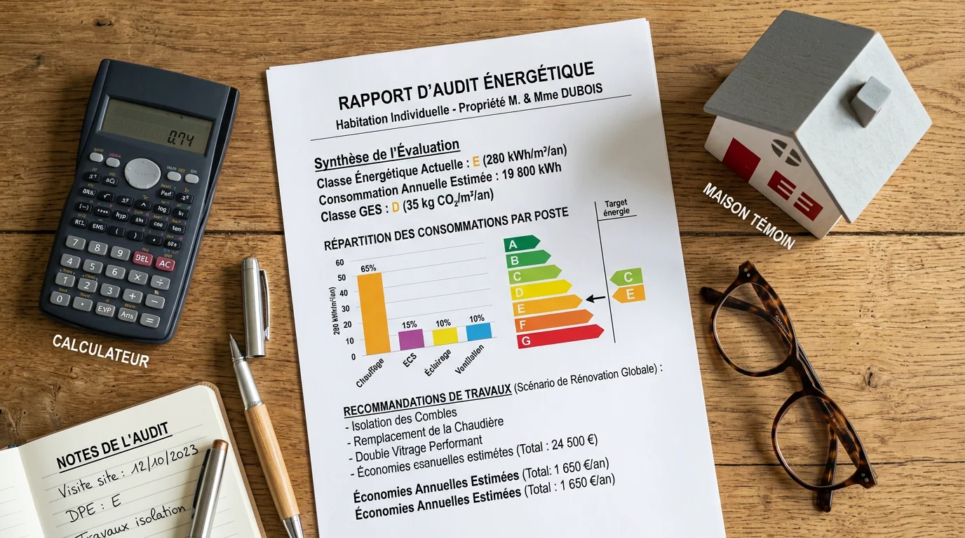 Rapport d'audit énergétique posé sur un bureau avec maquette de maison et calculatrice