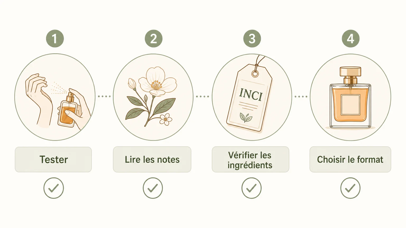 Checklist illustrée pour choisir un parfum selon ses notes, ses ingrédients et son format