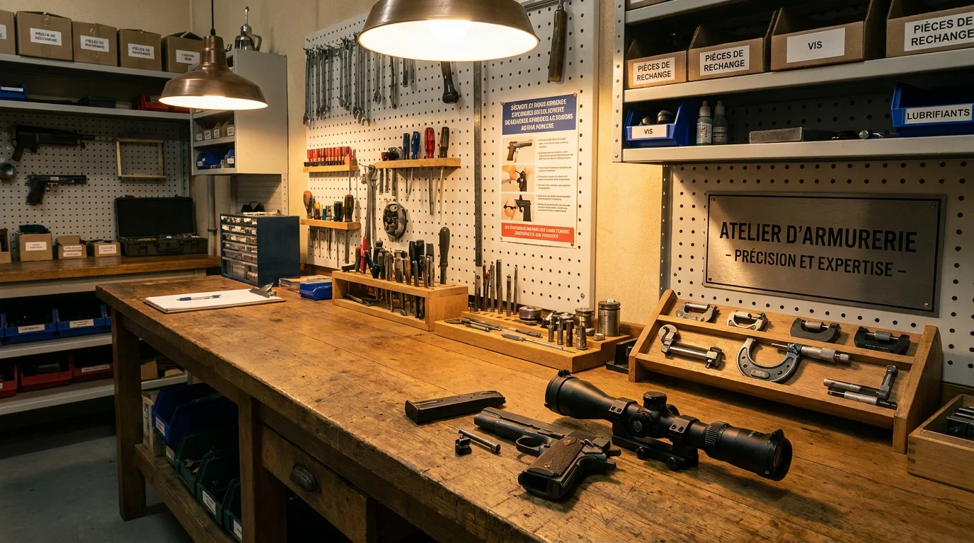 Atelier d'armurerie français avec outils de précision et arme en cours d'entretien
