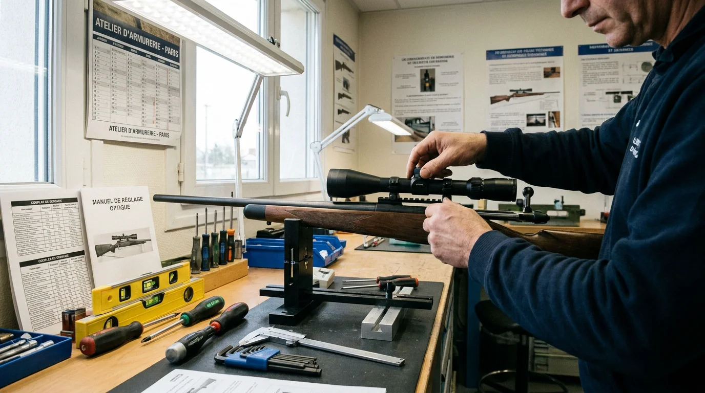 Technicien armurier réglant une lunette de visée sur une carabine dans un atelier professionnel
