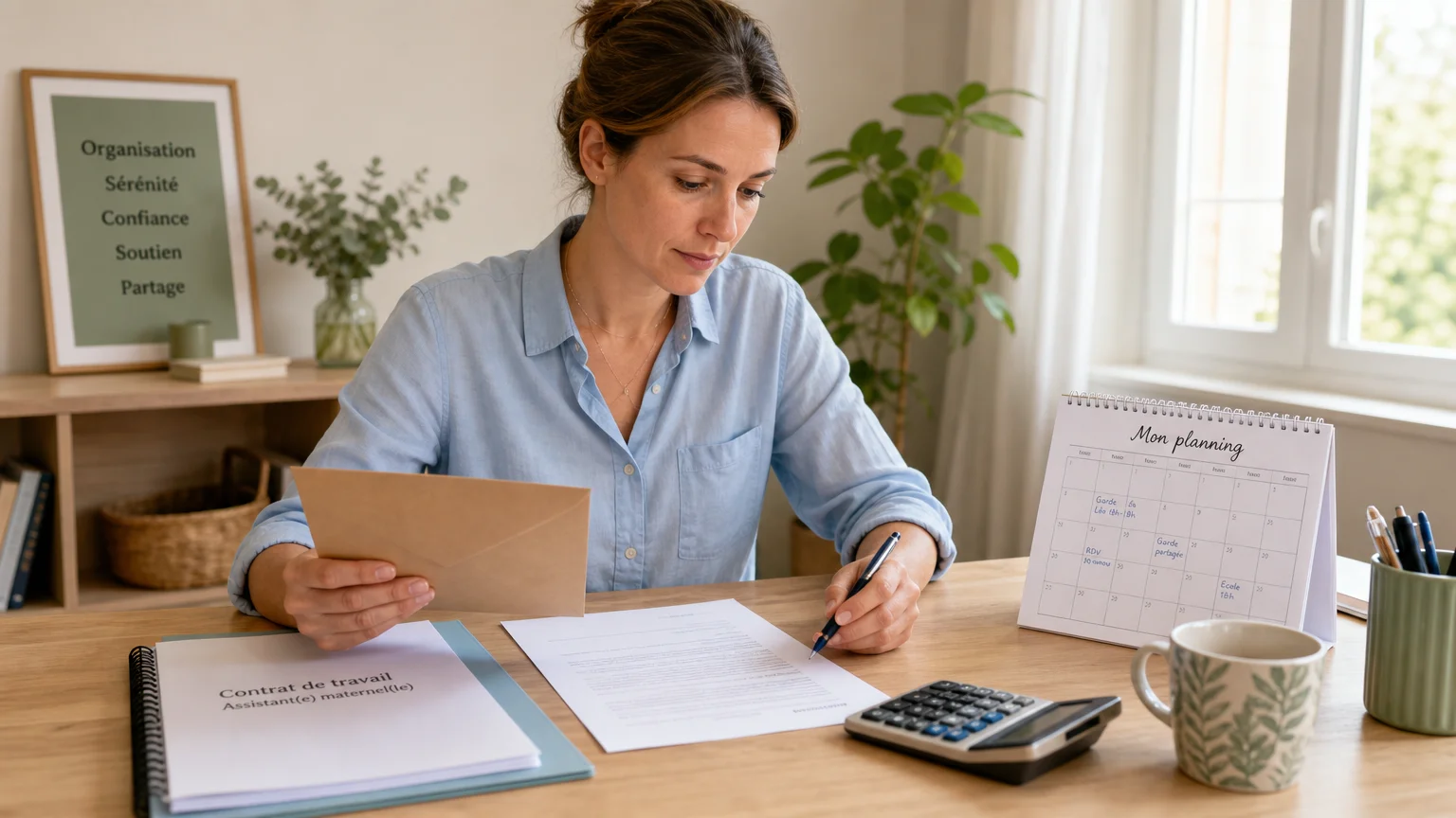 Parent préparant les documents de fin de contrat d’une nounou