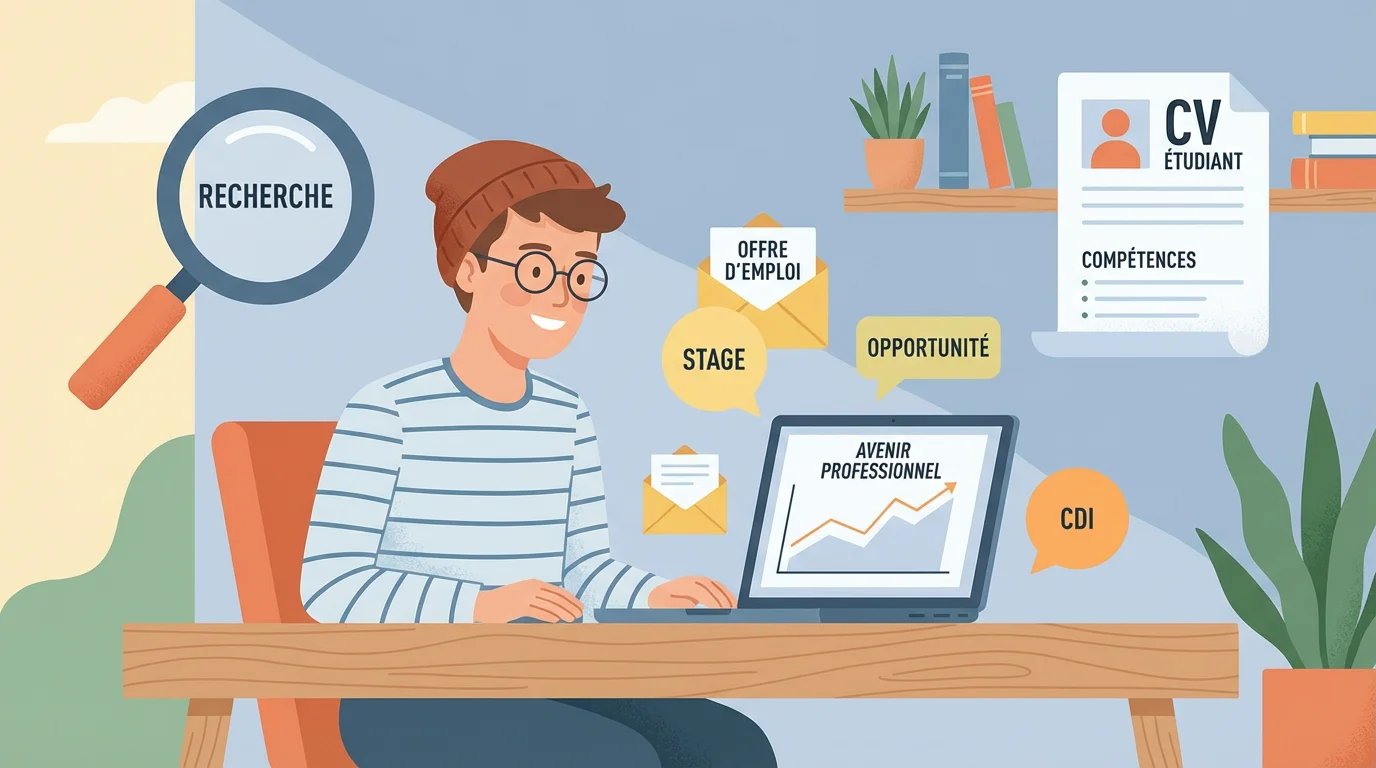 Étudiant recherchant un stage sur un ordinateur portable avec des icônes d'offres d'emploi
