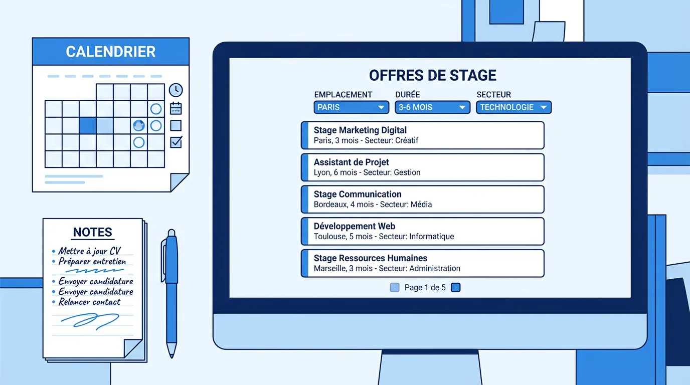Écran d'ordinateur affichant des filtres de recherche de stage avec calendrier