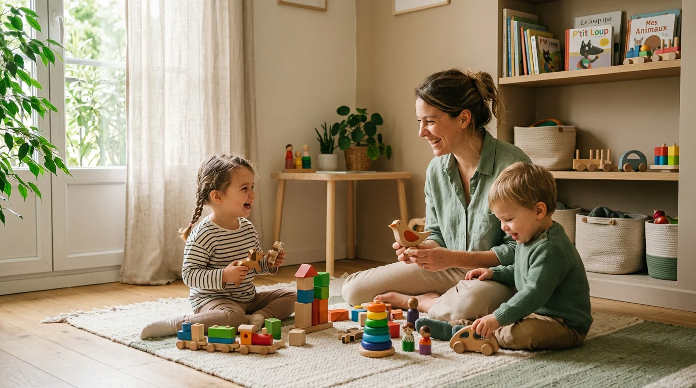 Une assistante maternelle agréée joue avec deux jeunes enfants dans un salon sécurisé