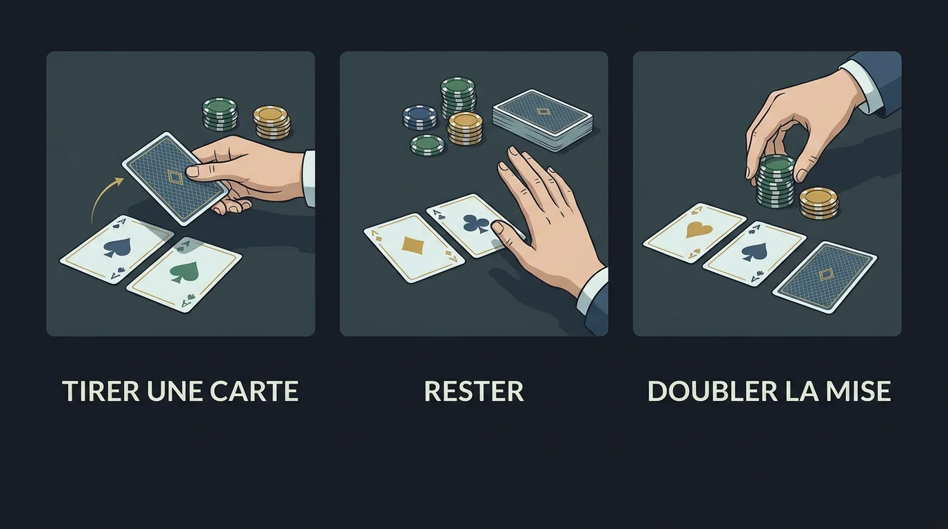 Illustration des trois options principales au blackjack : tirer, rester et doubler