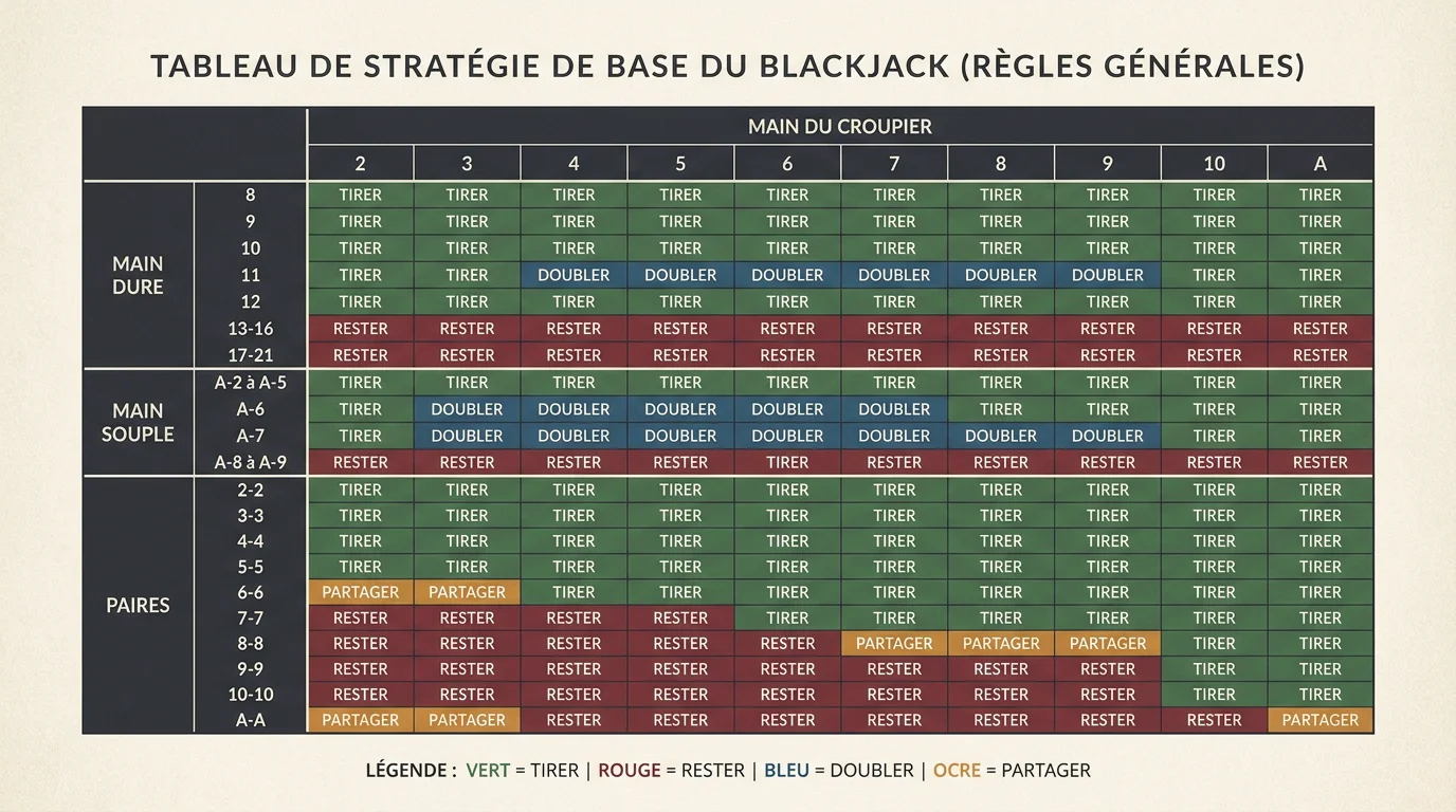 Tableau schématique de la stratégie de base au blackjack avec codes couleurs