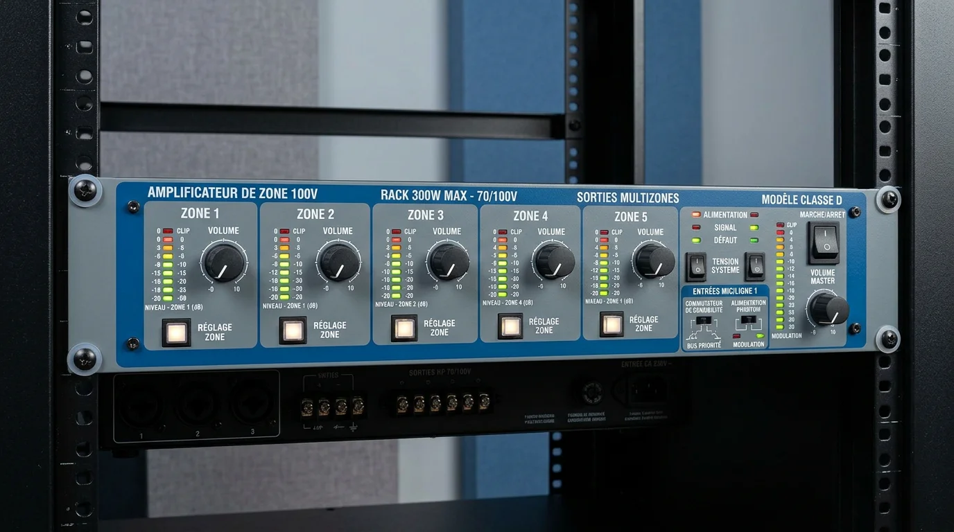 Amplificateur multizones en ligne 100 V monté en rack avec réglages de zones