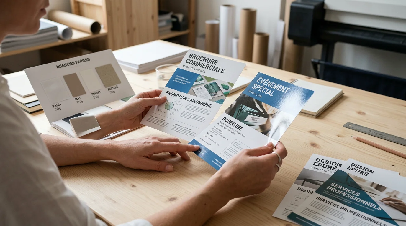 Comparaison d'échantillons de flyers de grammages et finitions différents sur une table d'atelier