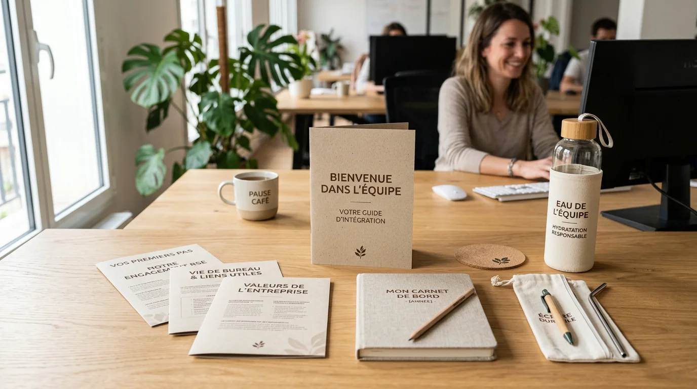 Welcome pack d'entreprise avec flyers sur papier recyclé et objets éco-conçus sur un bureau