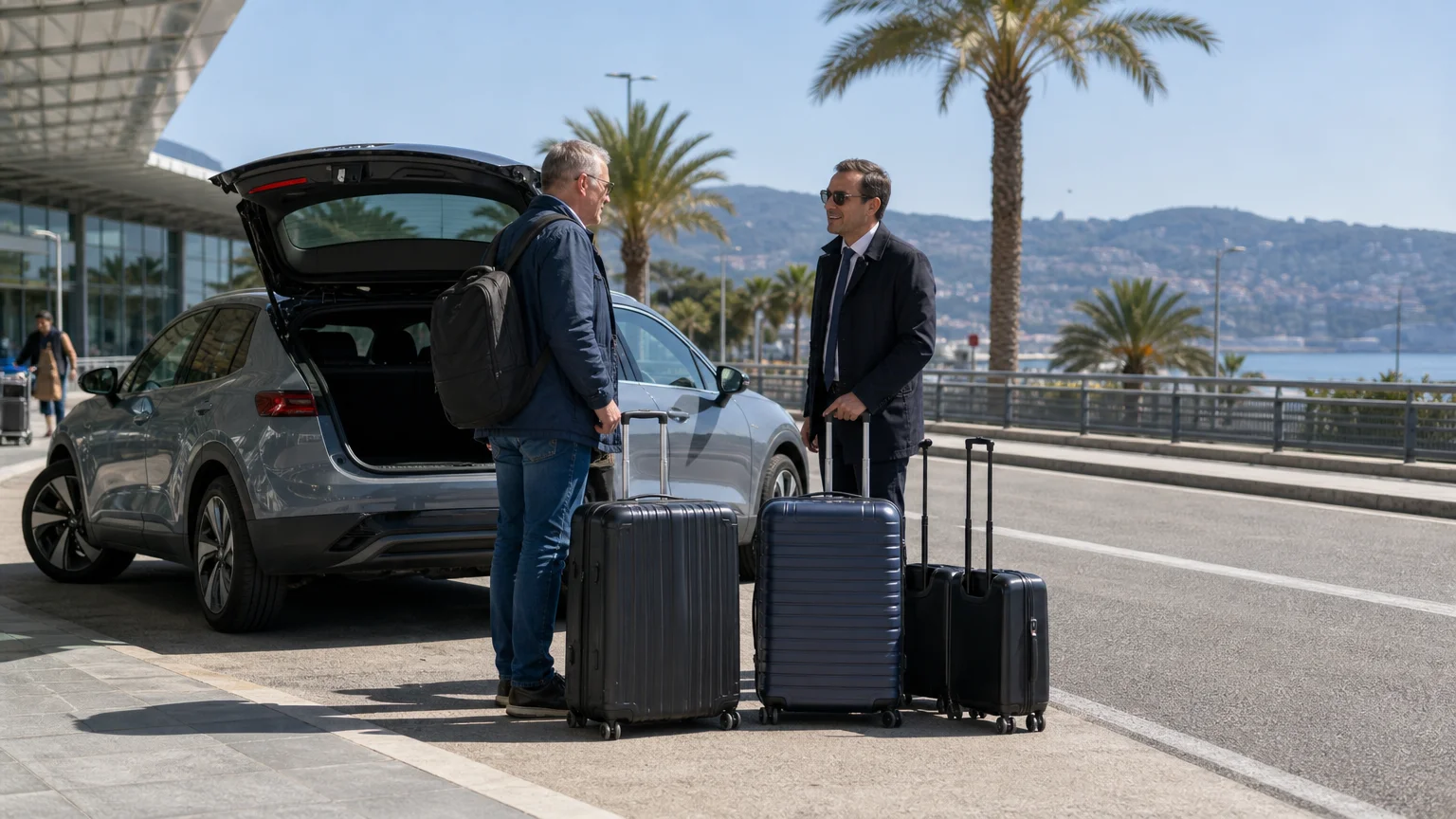 European traveler meeting an electric airport transfer near Nice