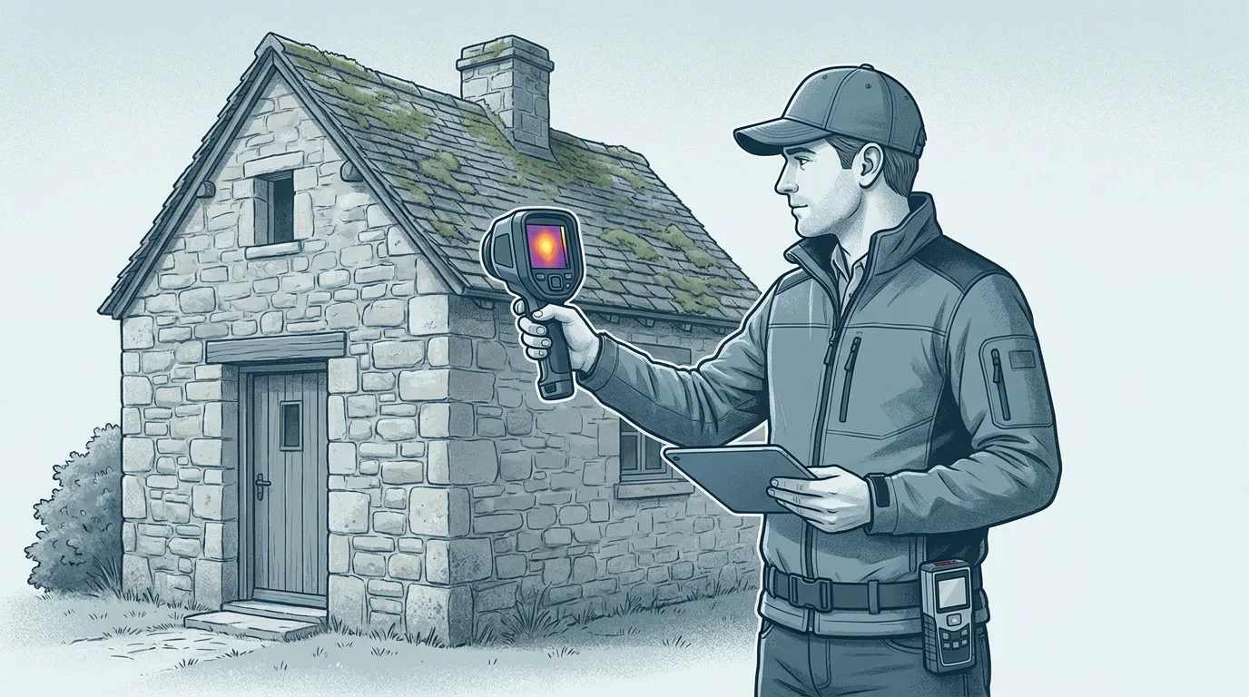 Diagnostiqueur immobilier certifié inspectant une maison ancienne avec un outil de mesure thermique