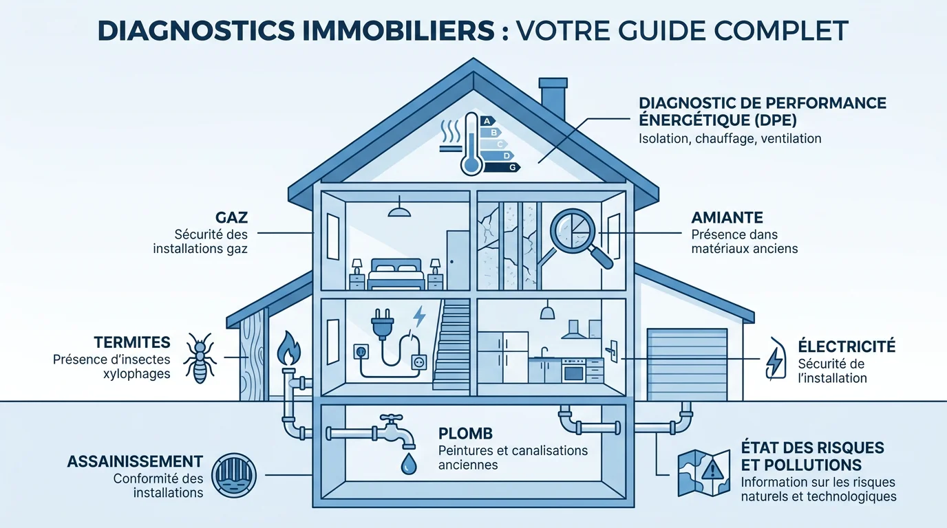 Infographie montrant les différents diagnostics immobiliers obligatoires représentés par des icônes sur une maison en coupe