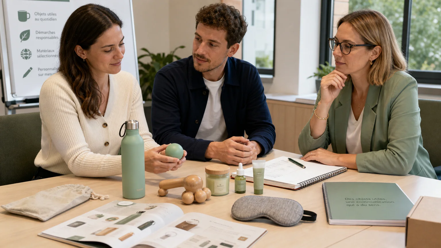 Équipe professionnelle sélectionnant des objets publicitaires bien-être
