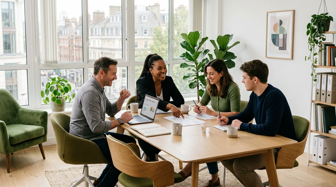 A small team collaborating in a modern private short-term office with natural light