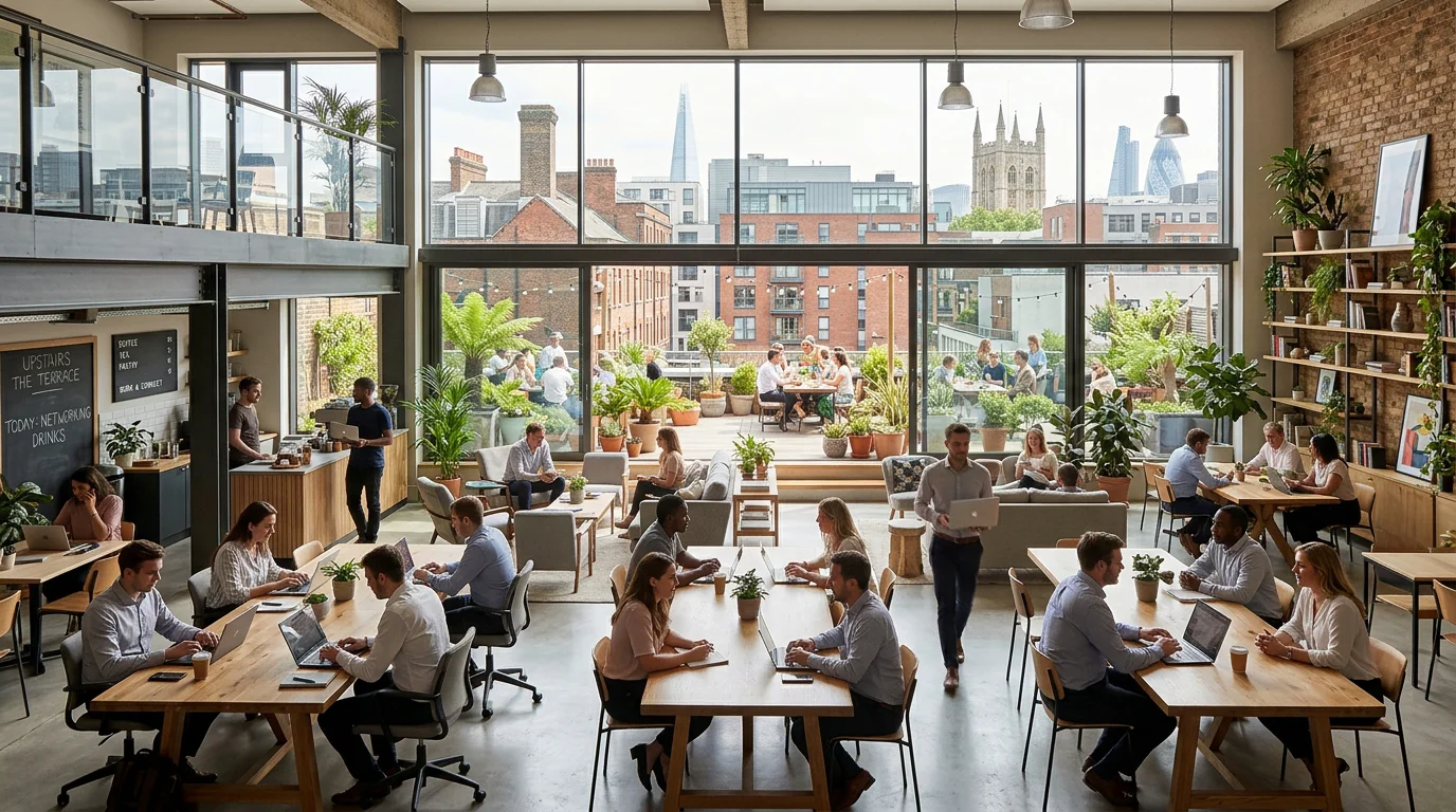 Professionals working and networking in a UK city-centre coworking lounge