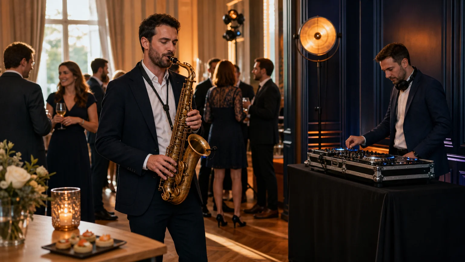 Saxophoniste et DJ accompagnant un cocktail d’entreprise