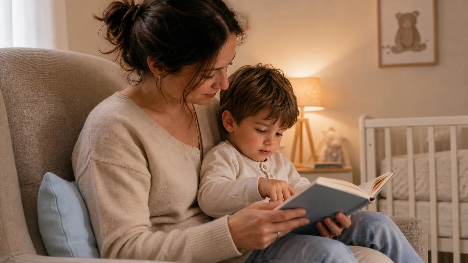 Parent lisant une histoire à un enfant avant le coucher