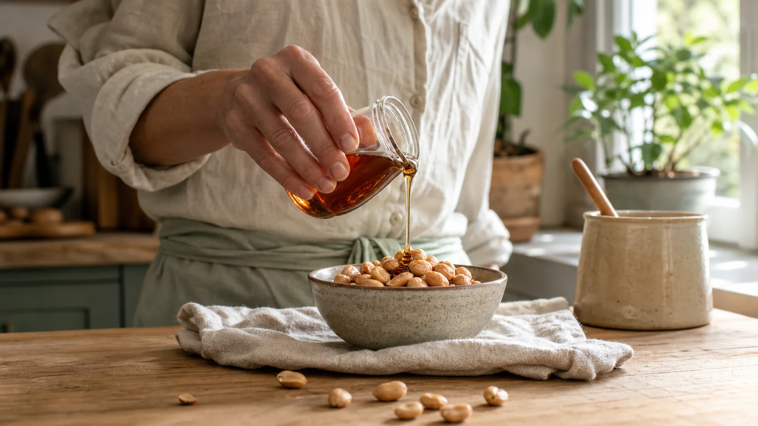 Cacahuètes grillées nappées de sirop d’érable dans une cuisine lumineuse