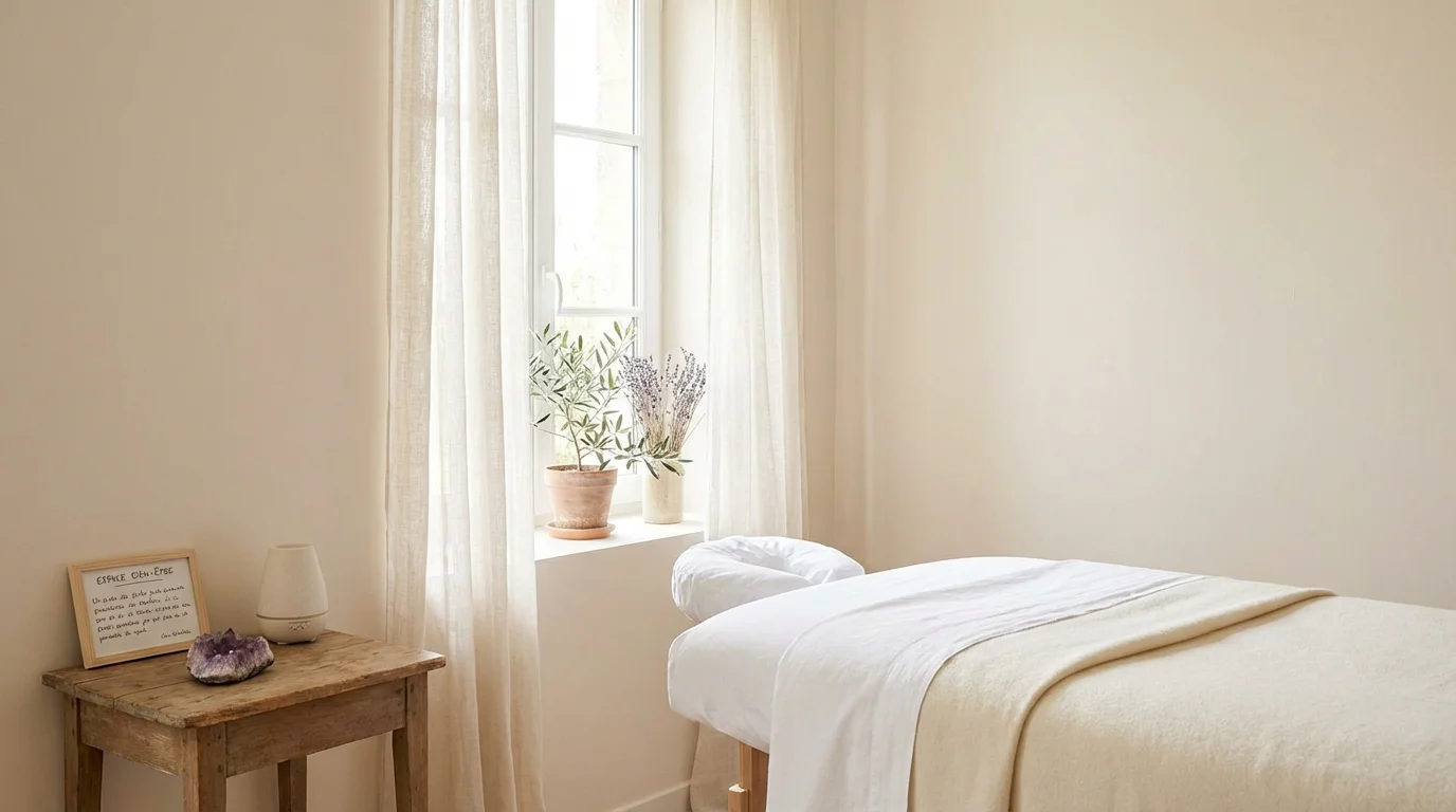 Salle de soin lumineuse dédiée à la médecine énergétique avec table de massage et ambiance apaisante