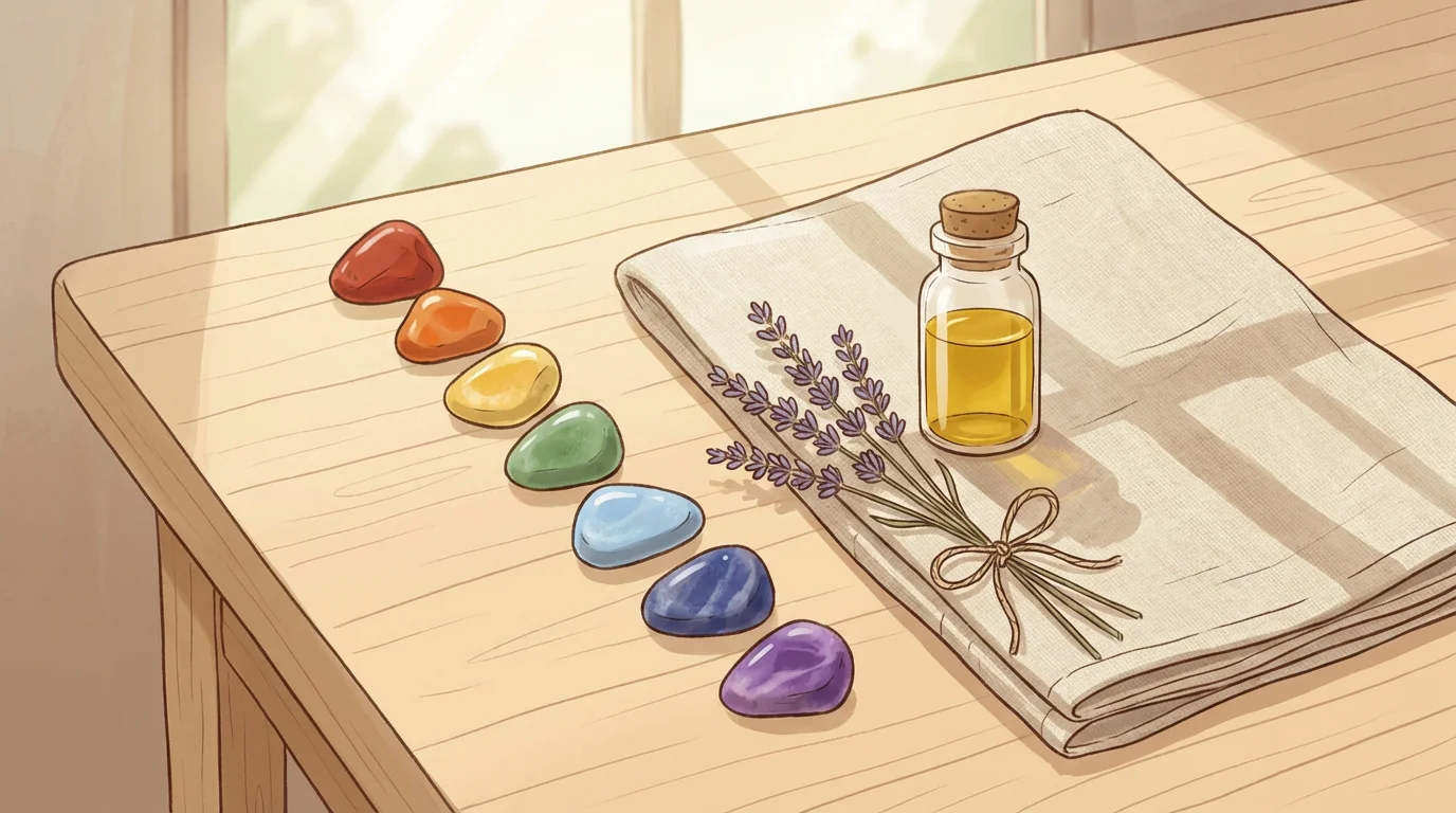 Composition de pierres colorées représentant les sept chakras avec huile essentielle et lavande
