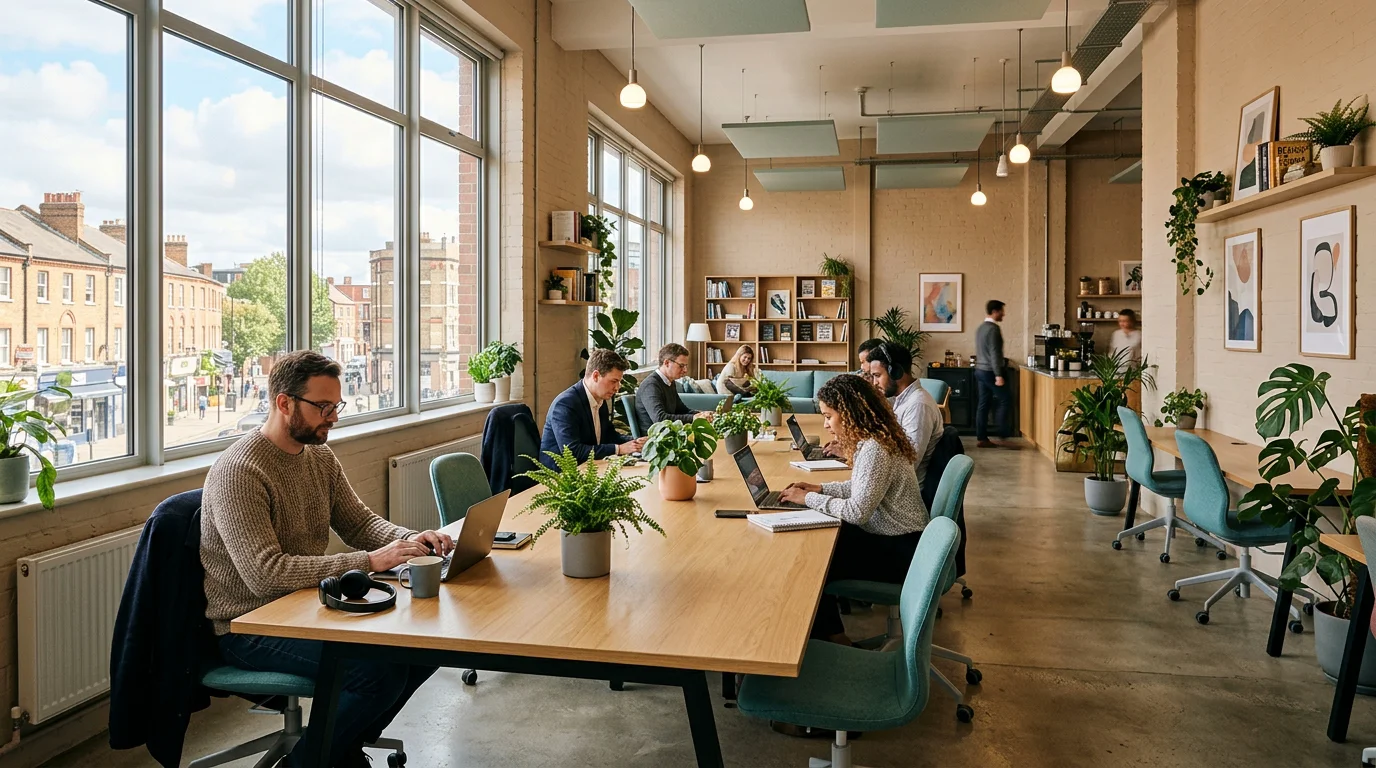 Interior of a modern Bristol coworking space with shared desks and natural light