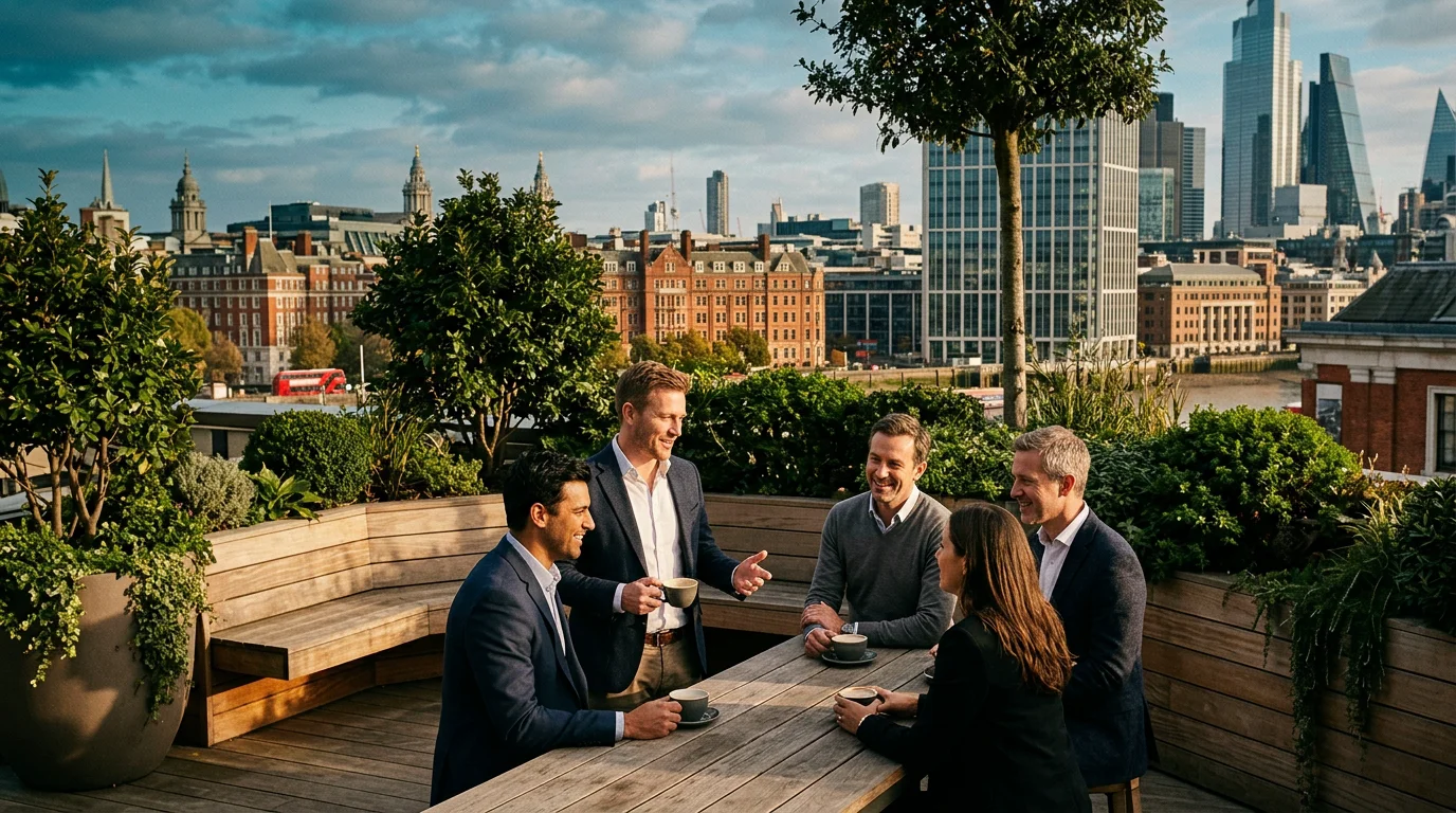 Professionals networking on a rooftop terrace at a Bristol coworking space