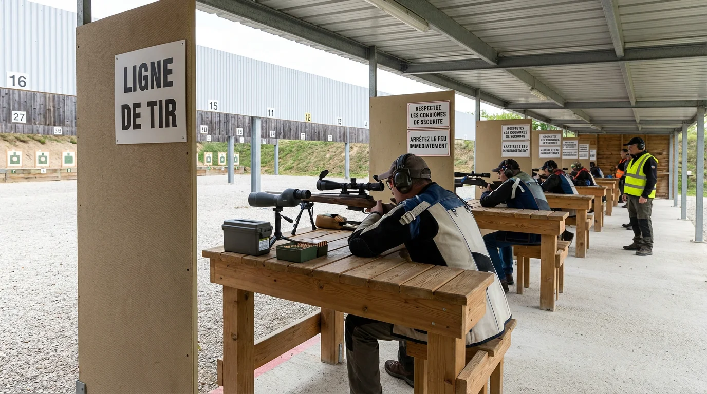 Stand de tir sportif en France où certains tireurs licenciés peuvent utiliser des armes surclassées en catégorie A