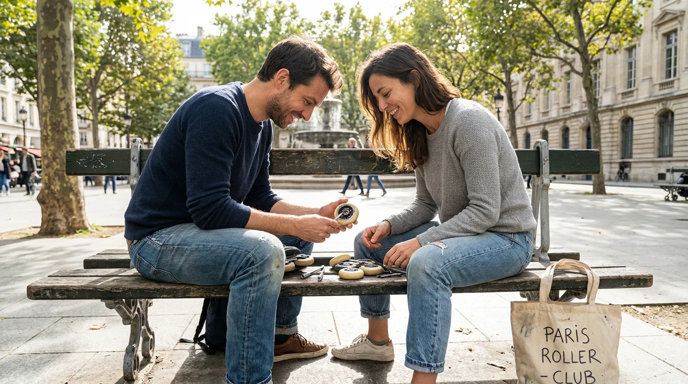 Deux patineurs européens examinant des roues de roller dans un parc