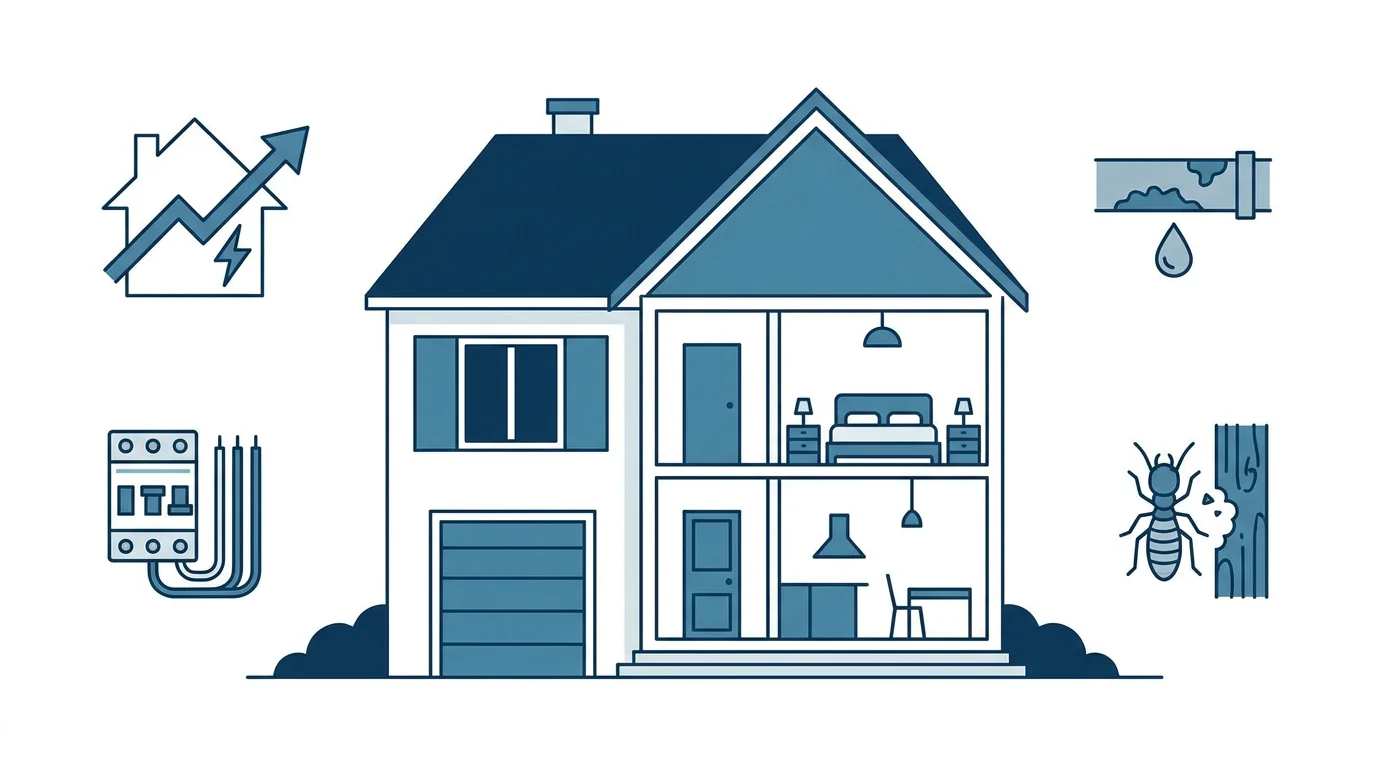Illustration des différents diagnostics immobiliers obligatoires autour d'une maison française