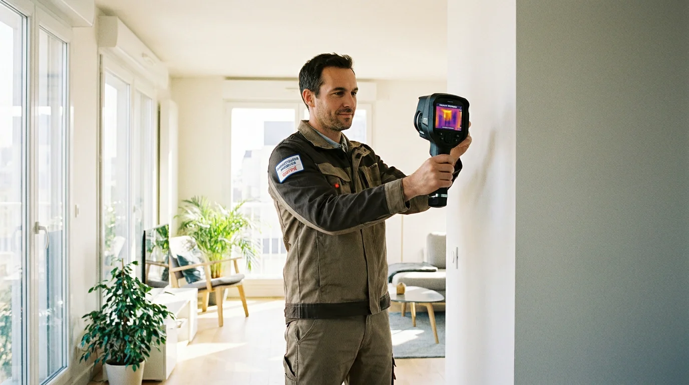 Diagnostiqueur immobilier certifié réalisant un contrôle thermique dans un logement