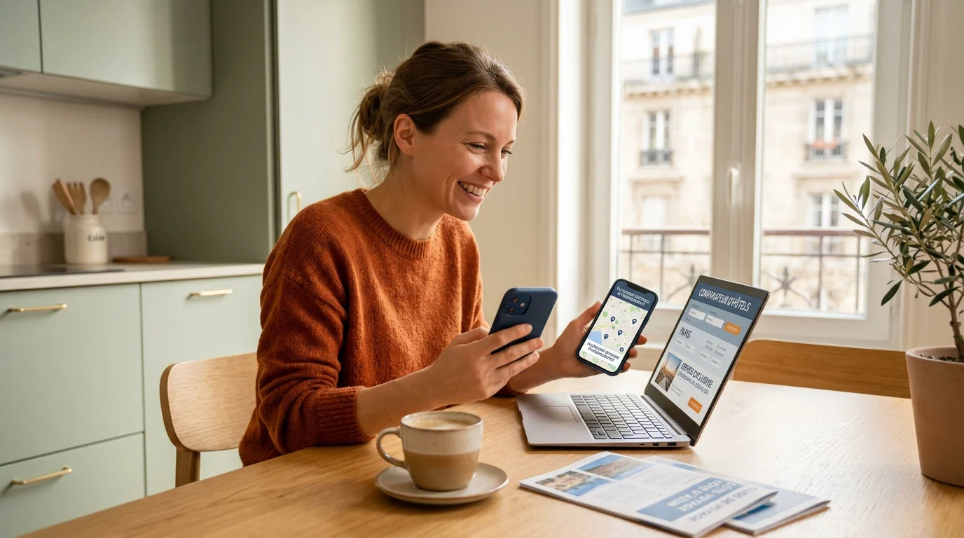 Voyageuse comparant des offres d'hôtels sur son ordinateur portable