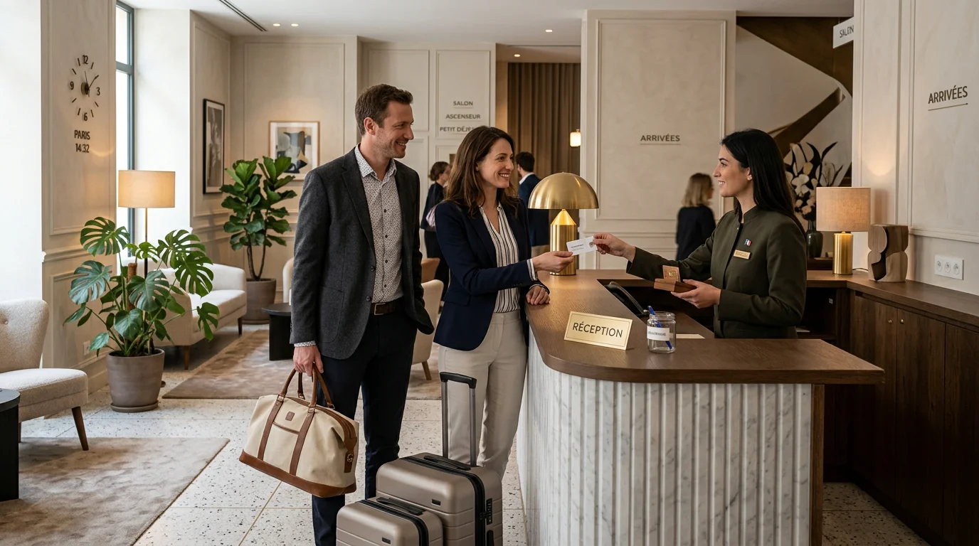 Couple européen à la réception d'un hôtel lors de leur arrivée