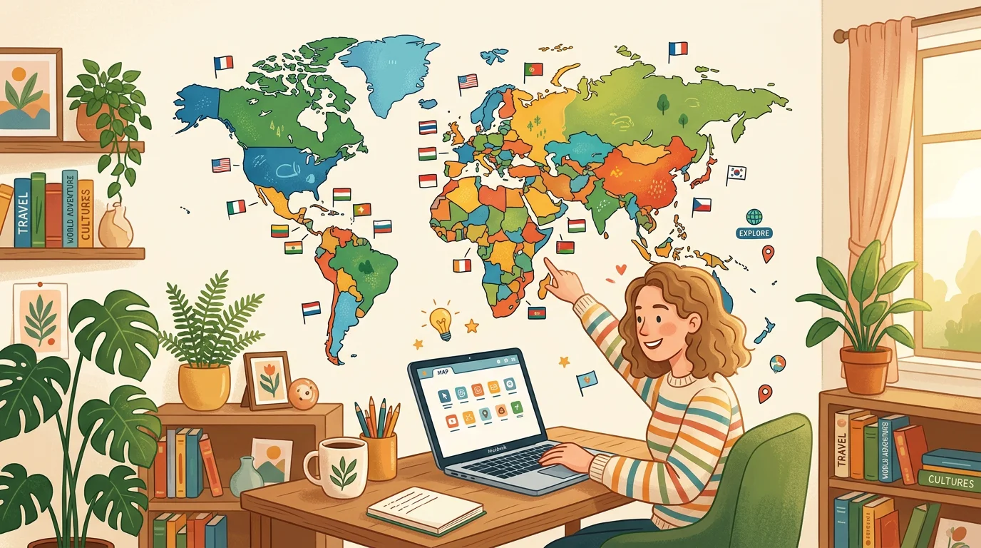 Person studying a world map with country shapes and flags