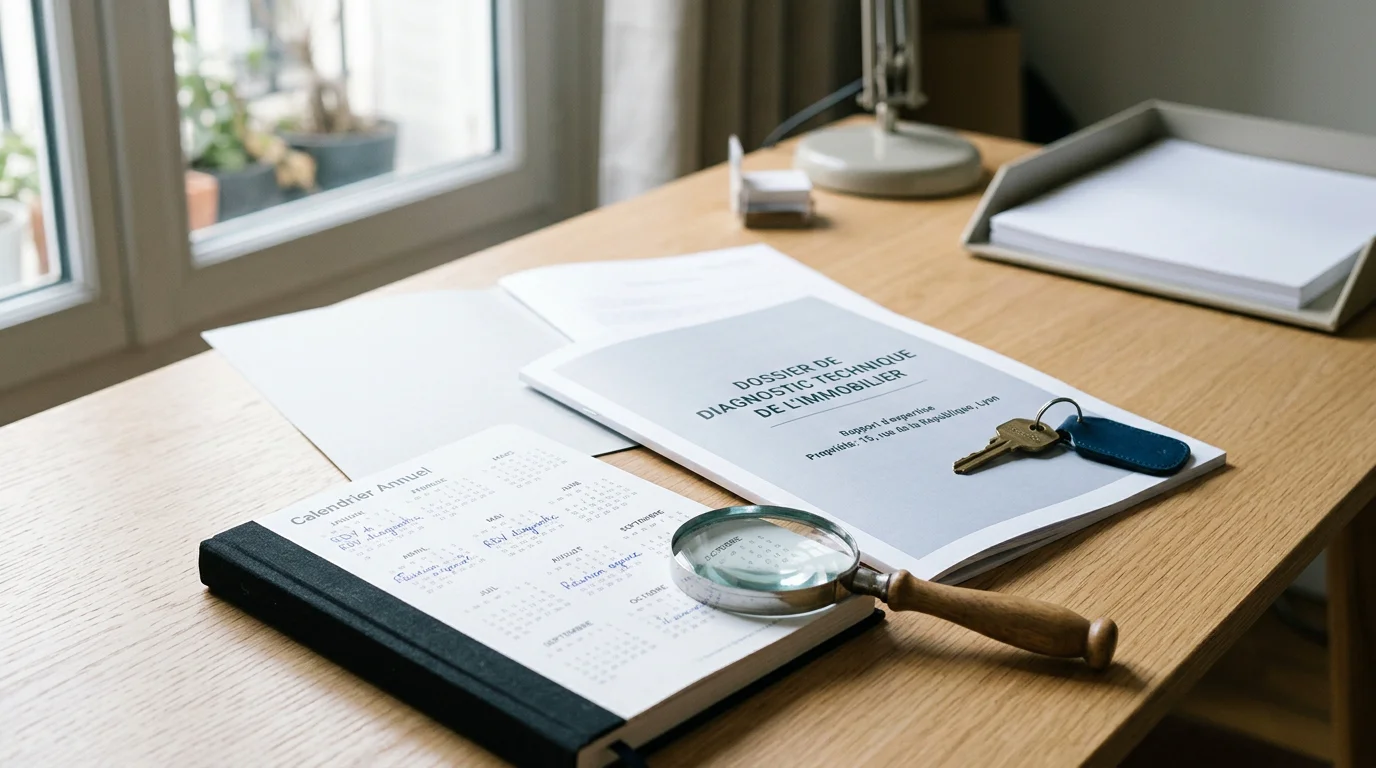 Bureau avec un rapport de diagnostic immobilier, une clé et un calendrier