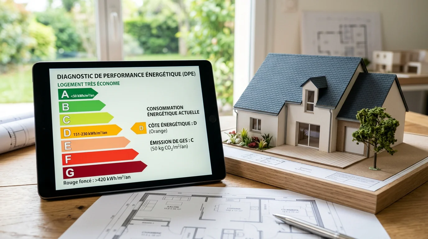 Étiquettes énergétiques d'un DPE affichées près d'une maison
