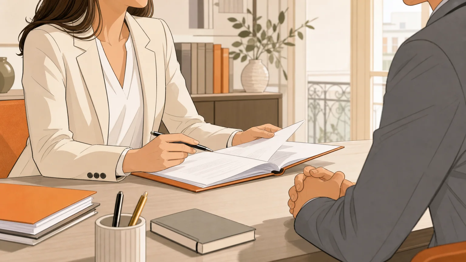 Échange entre un client et une avocate autour de documents dans un bureau juridique.